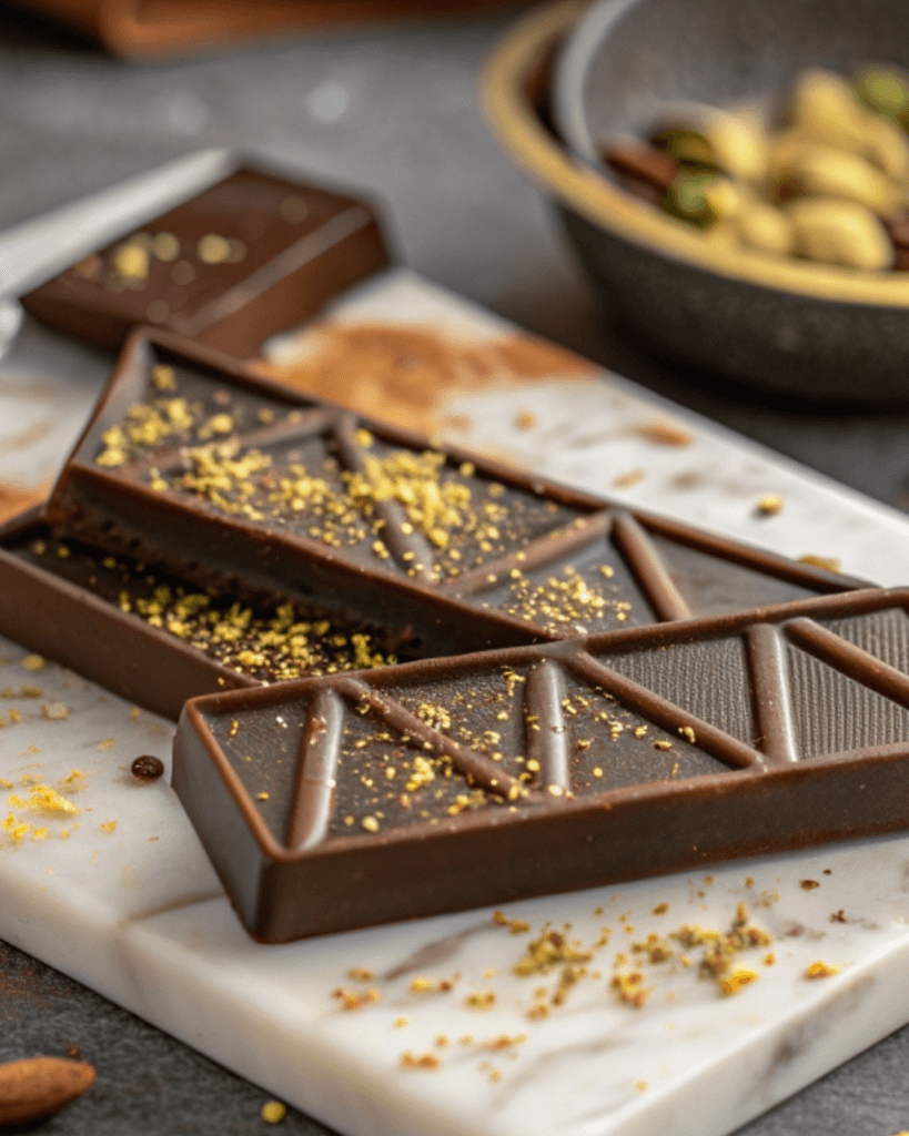 Chocolate and pistachio mixture poured into silicone molds, half-filled and ready for decoration.